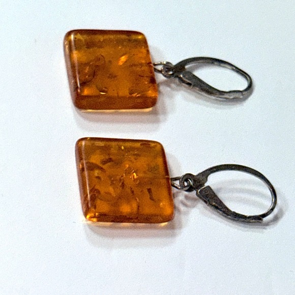 Vintage Natural Amber Square Dangle Earrings Leverback Silver Gemstone Jewelry - Picture 9 of 16